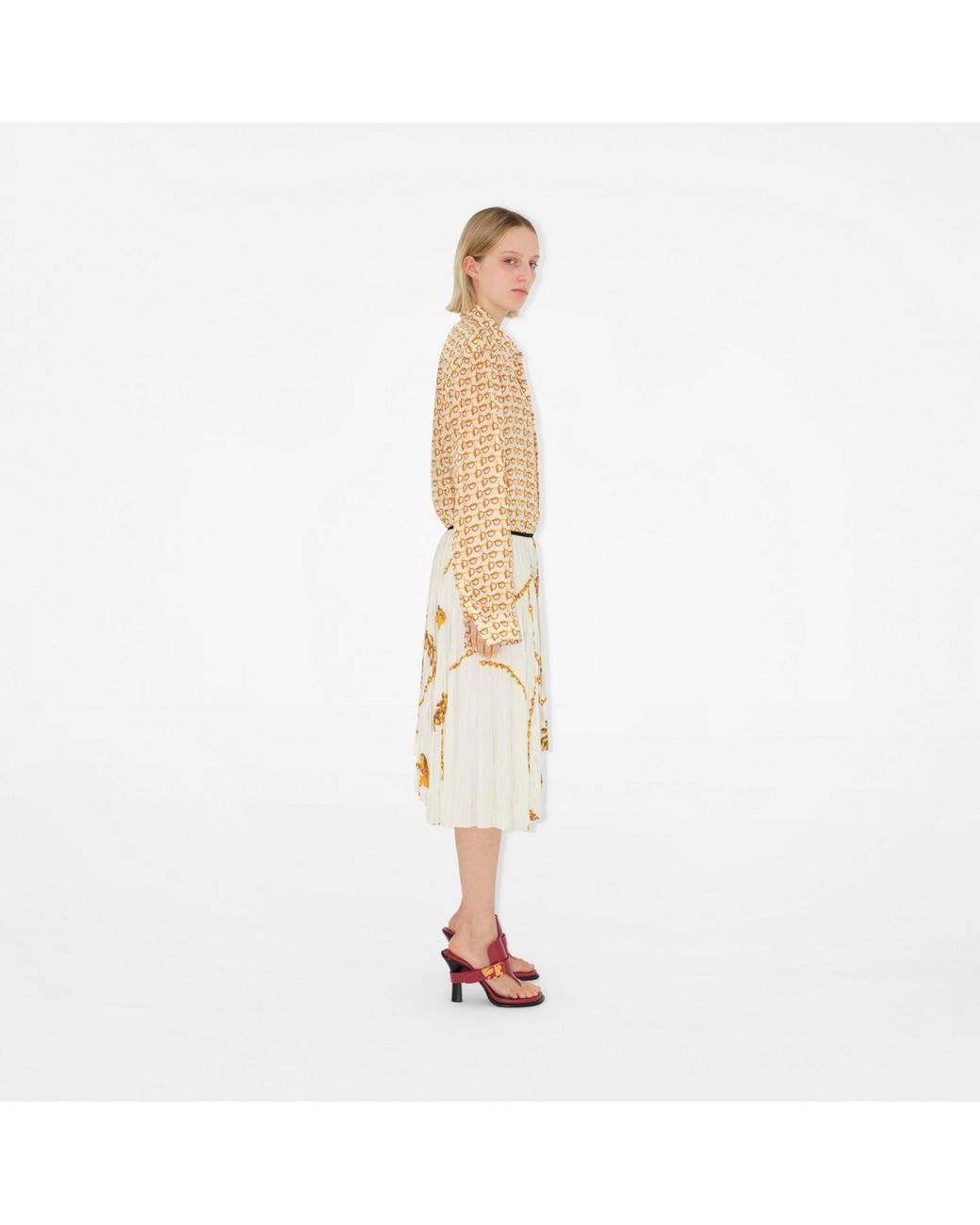 Burberry White Chain-Printed Pleated Asymmetric Skirt