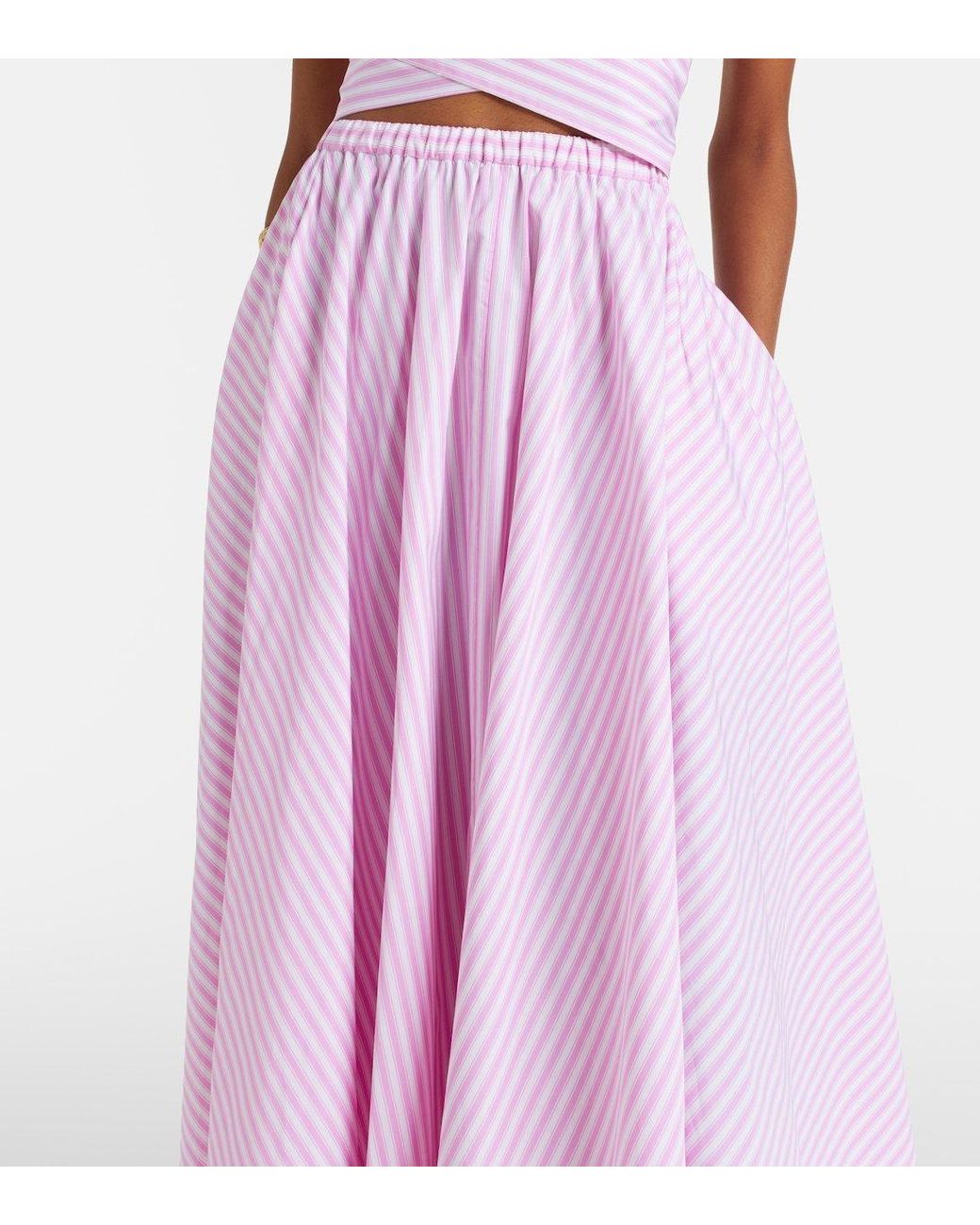 Patou Pink Pleated Striped Cotton Poplin Midi Skirt