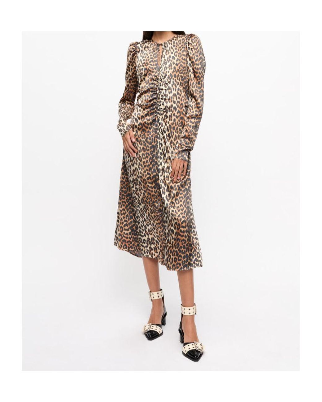 Ganni Multicolor Leopard Print Satin Ruched Midi Dress