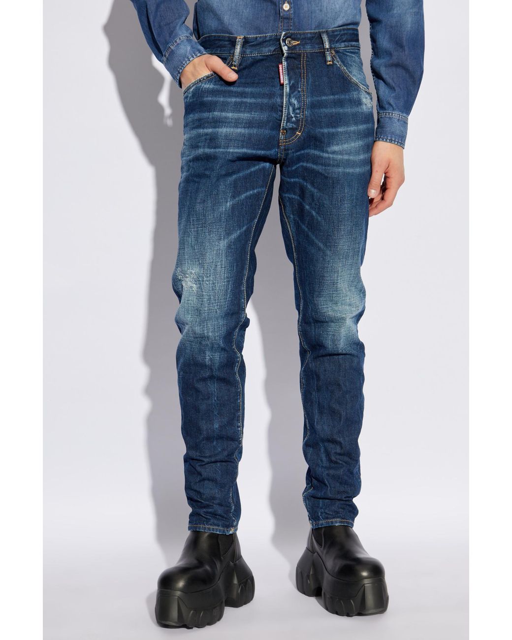 DSquared² Blue Whiskering-Effect Distressed Jeans for men