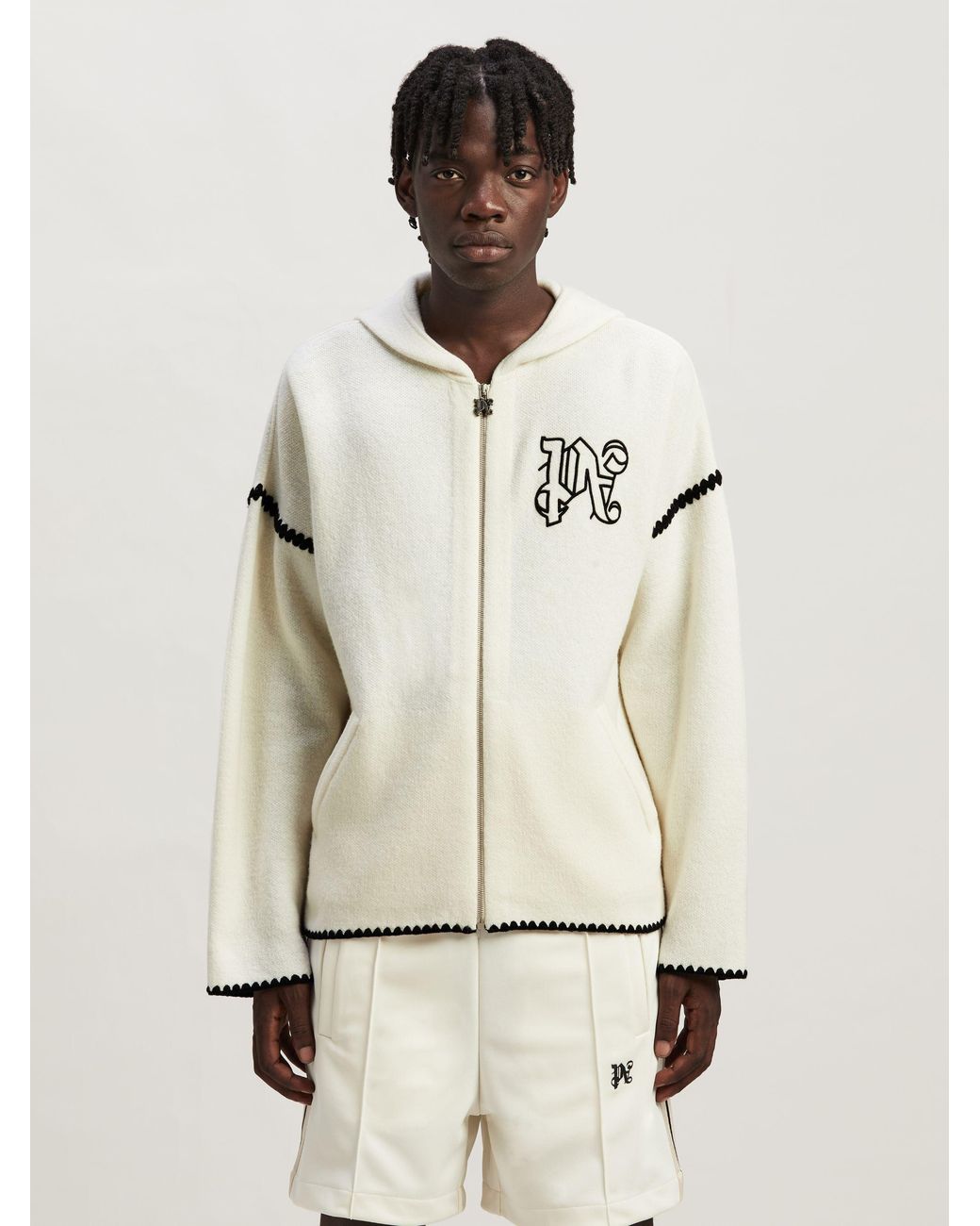 Palm Angels Natural Monogram Embroidered Zipped Knitted Hoodie for men