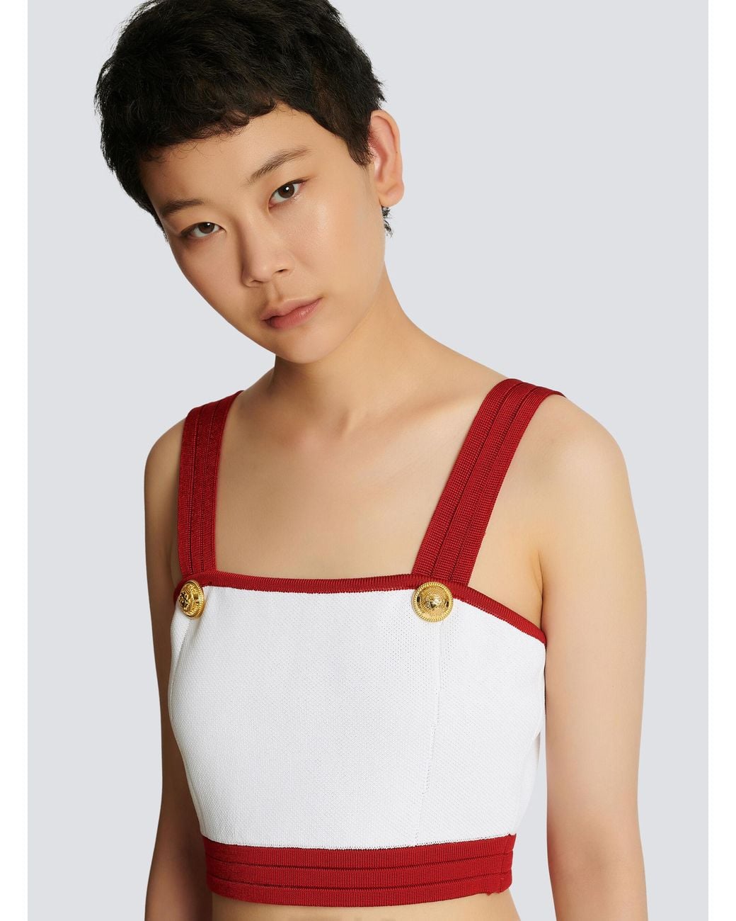 Balmain Red Knit Crop Top With-Tone Buttons