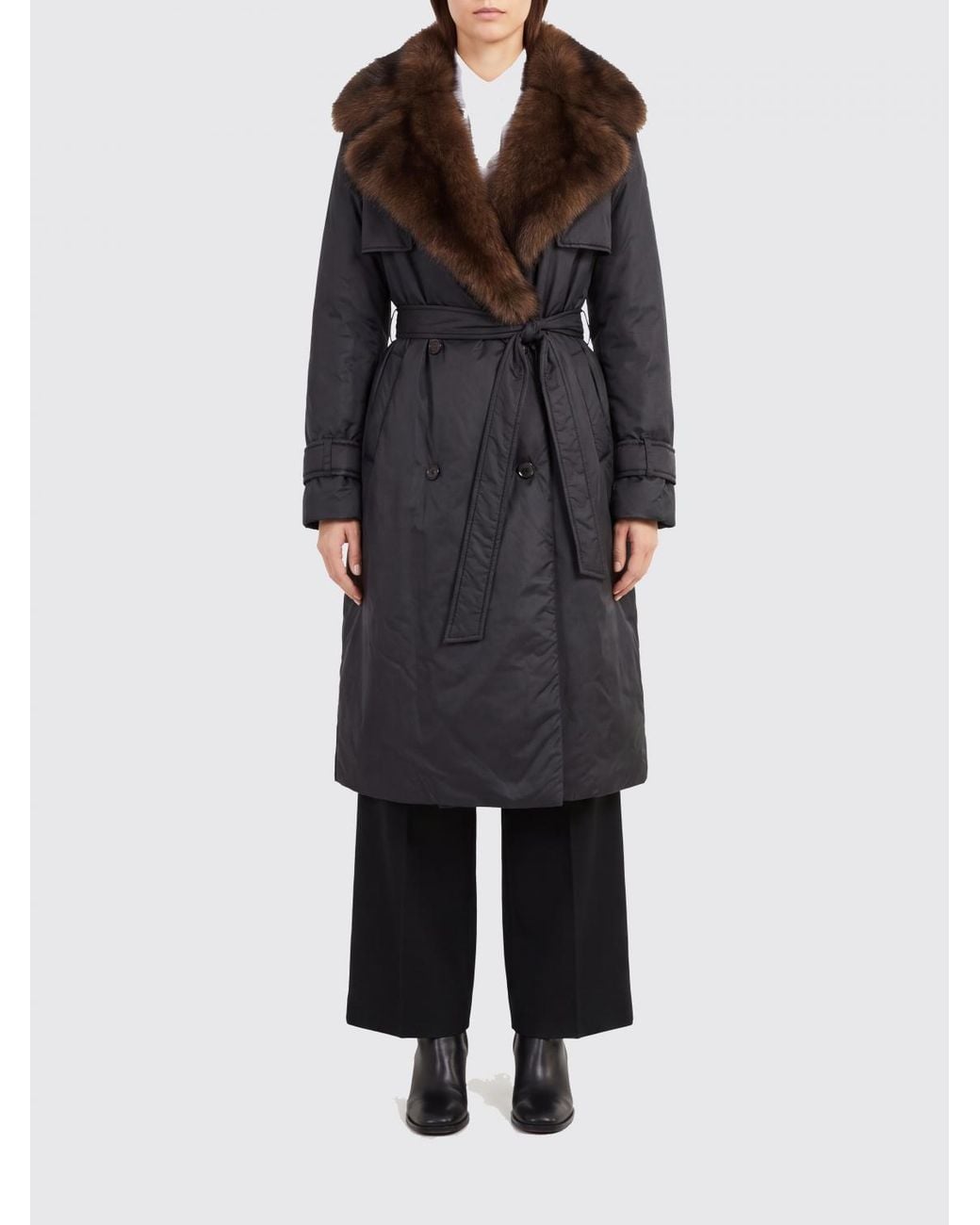 Antonelli Black Belted Fur-Trimmed Coat