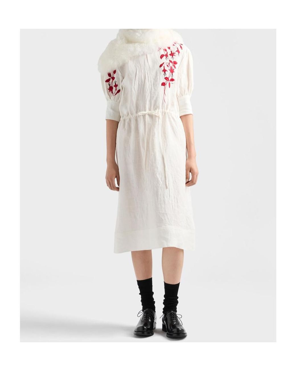 Prada White Embroidered Slubbed Fabric Dress