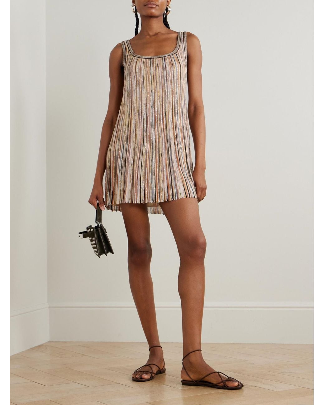Missoni Natural Striped Sequined Metallic Ribbed-Knit Mini Dress