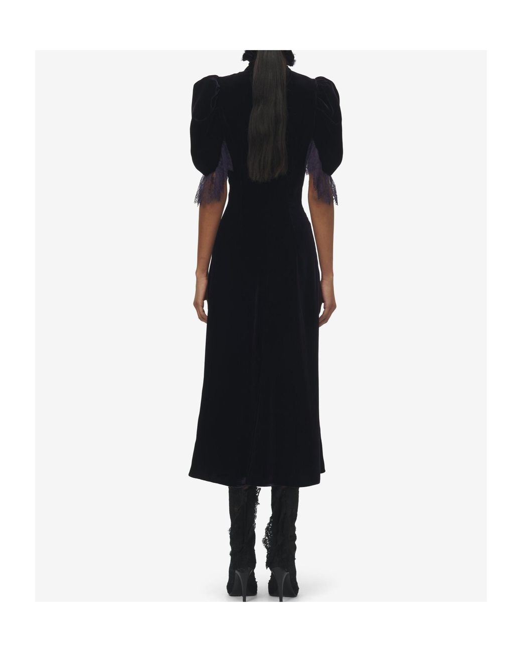 McQueen Velvet Lace-Detail Midi Dress in Black | Lyst