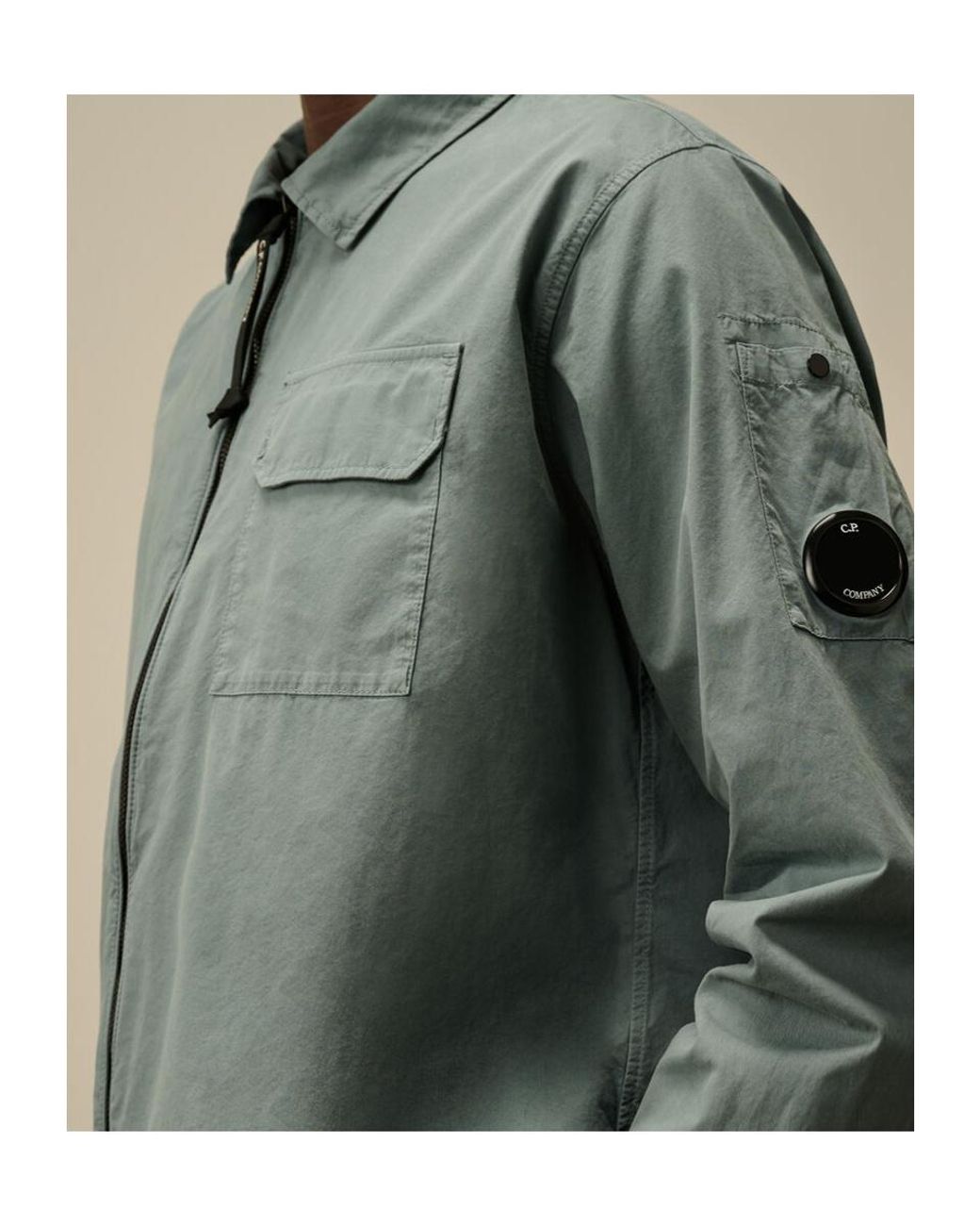 C P Company Green Organic Gabardine Full Zip Overshirt for men