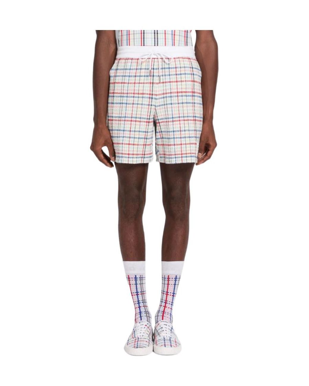 Thom Browne Blue Gingham-Check Drawstring Tweed Shorts for men