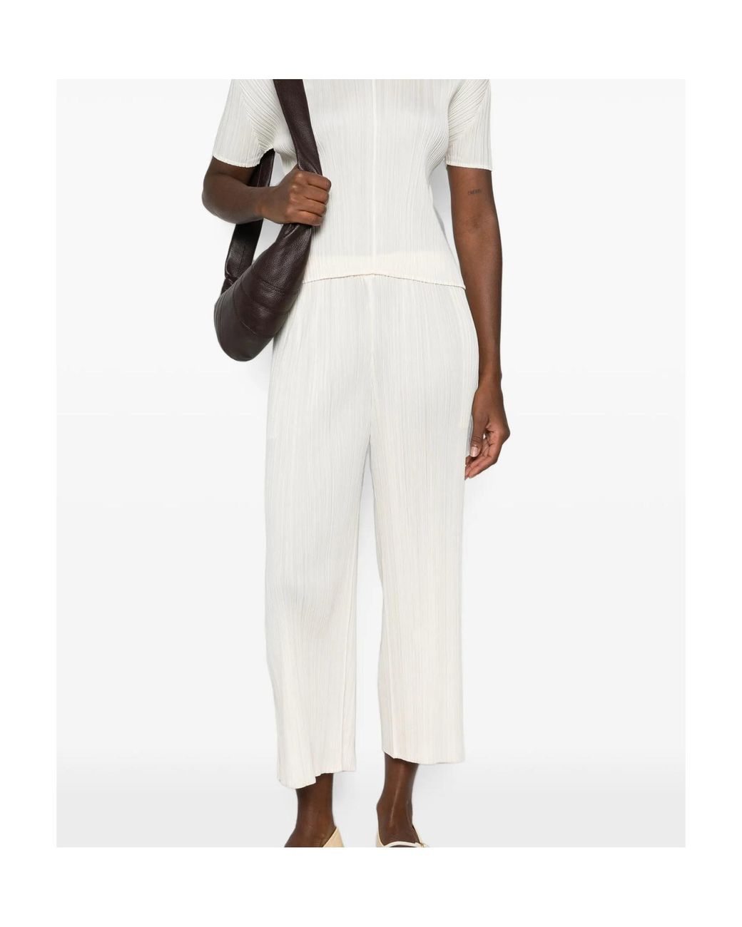 Pleats Please Issey Miyake White Pleated Cropped Trousers
