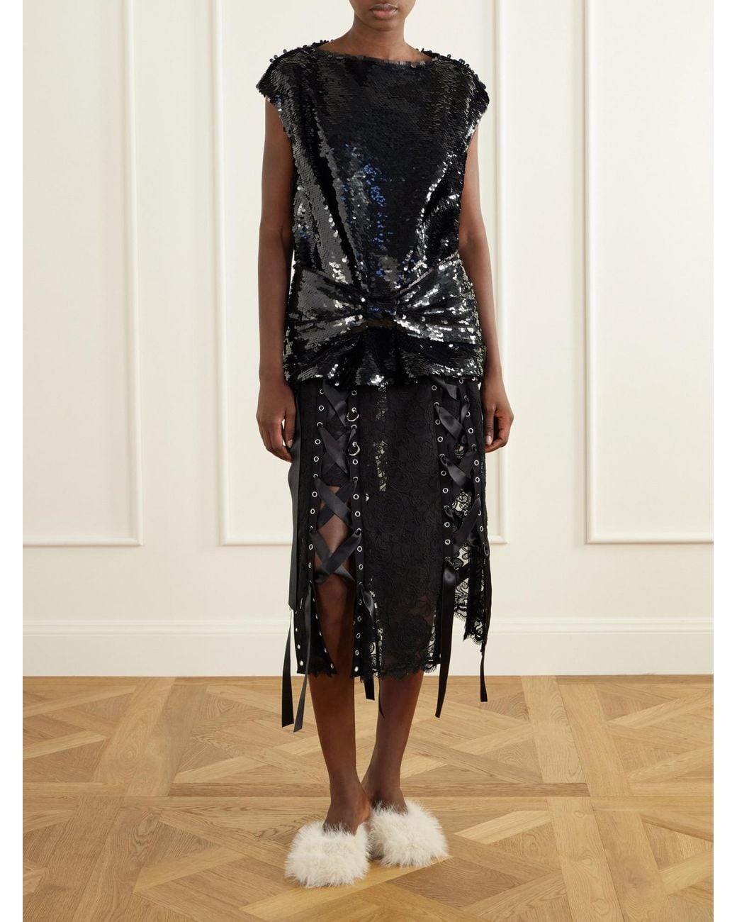 Simone Rocha Black Boxy Sequin-Embellished Peplum Blouse