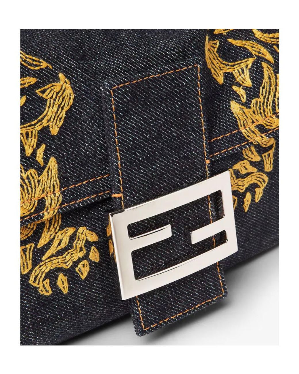 Fendi Black Baguette 26424 Dark Denim Bag With Embroidery
