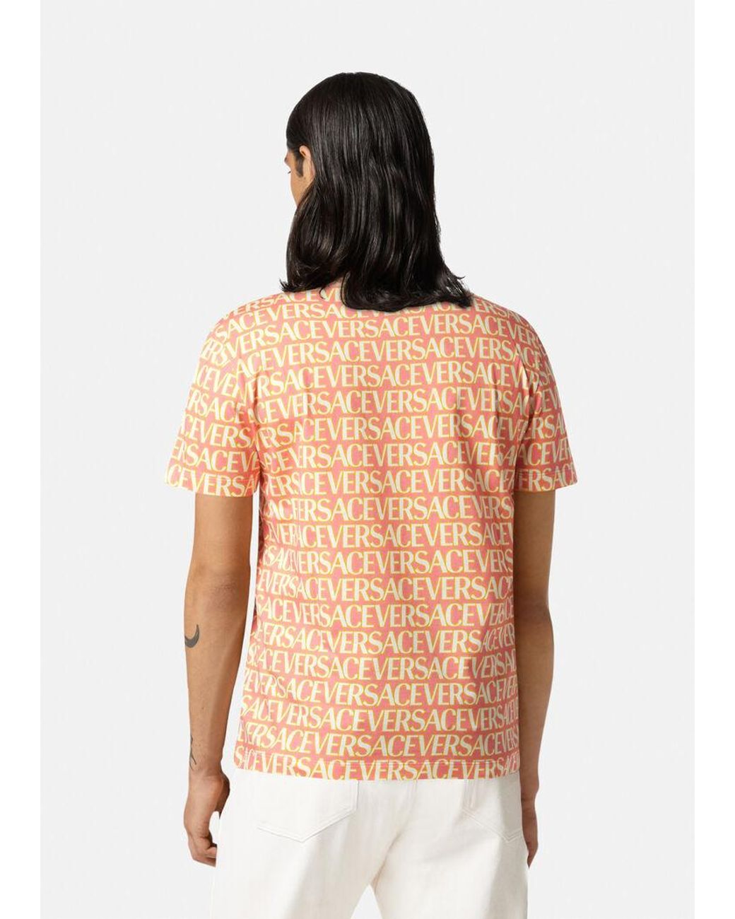 Versace Pink Allover Logo-Printed Crewneck T-Shirt for men