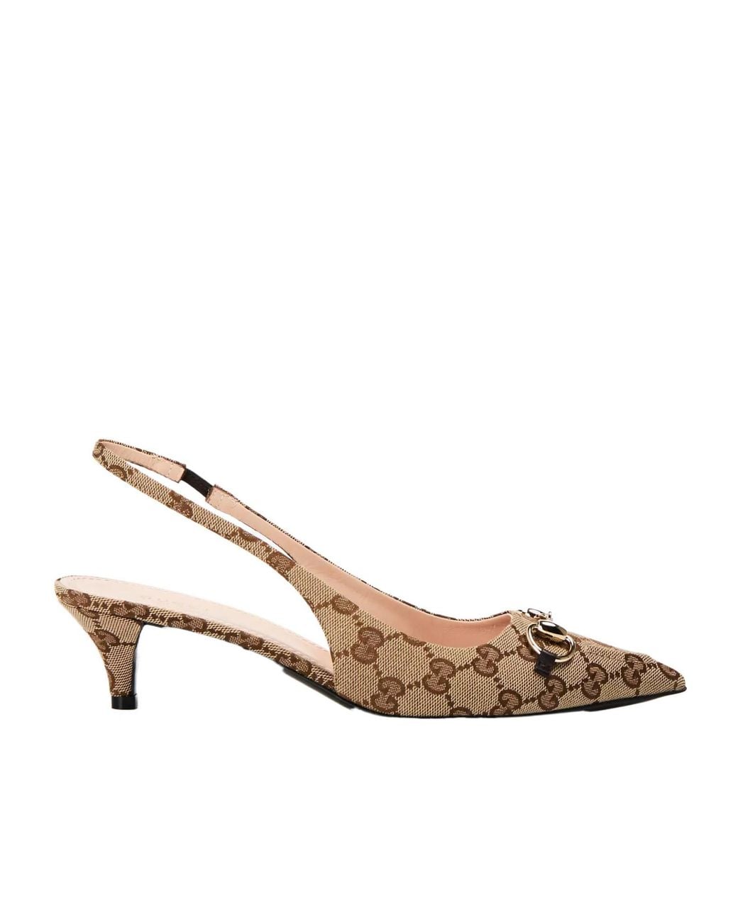 Gucci Natural Motif Canvas Horsebit Sling Pumps