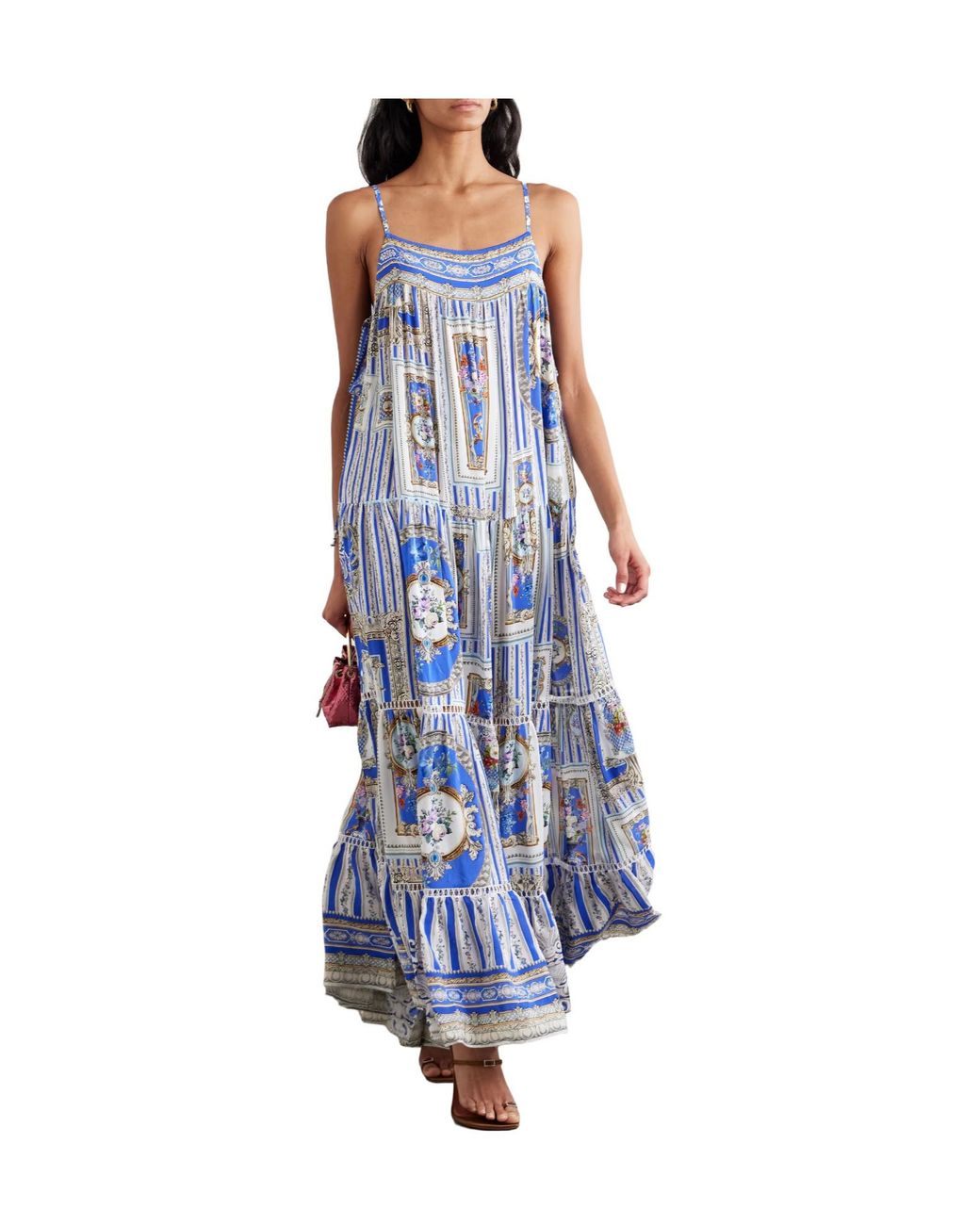 Camilla Blue Tie-Detailed Lace-Trimmed Tiered Printed Silk-Satin Maxi Dress