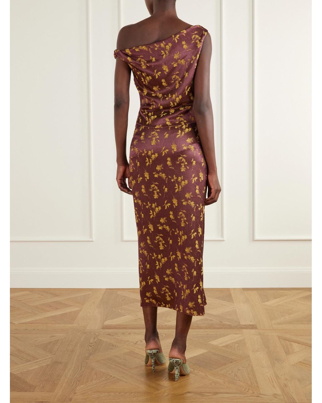 Dries Van Noten Brown Floral-Jacquard Knot-Detail Satin Midi Dress