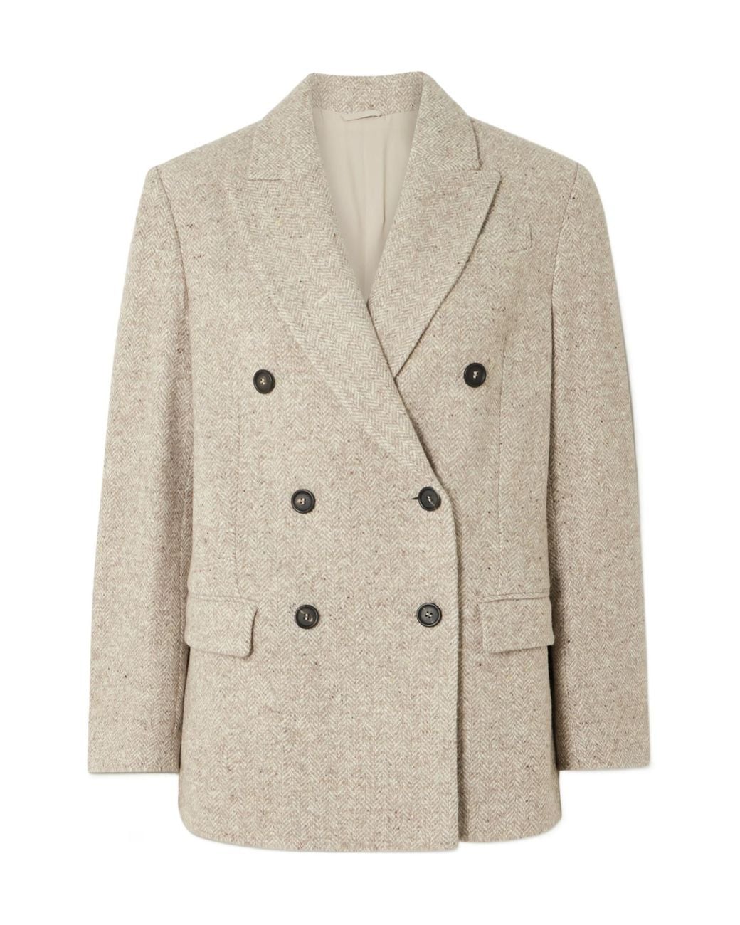 Brunello Cucinelli Natural Double-Breasted Wool And Silk-Blend Tweed Blazer