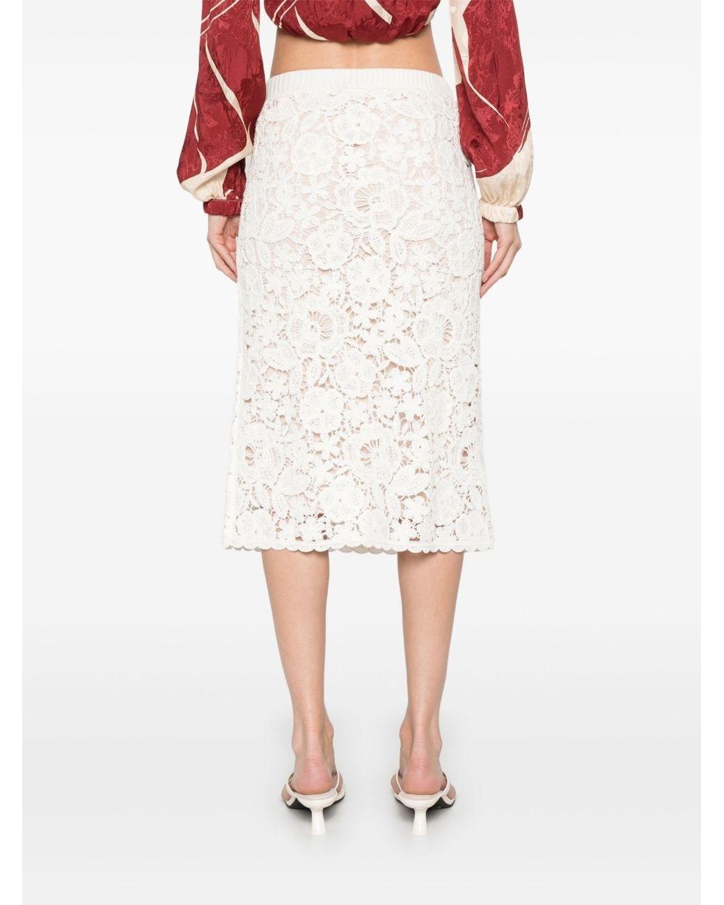 P.A.R.O.S.H. White Floral Embroidered Midi Skirt