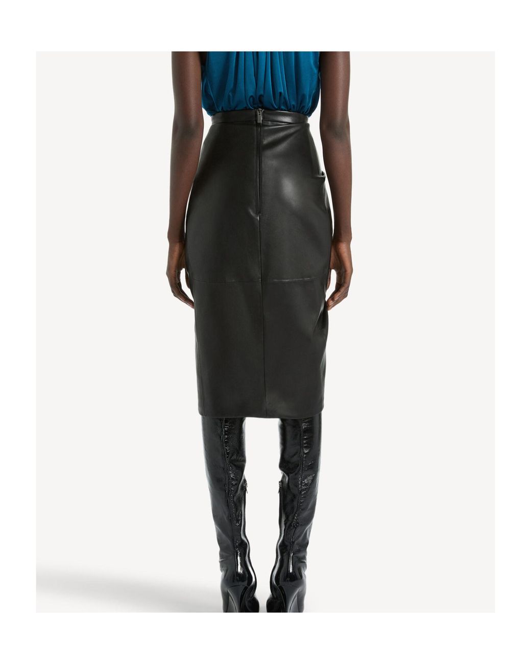 Balmain Black Lambskin Draped Midi Skirt