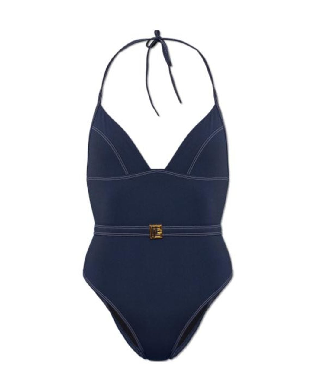 Balmain Blue Halterneck Logo One-Piece Beachwear