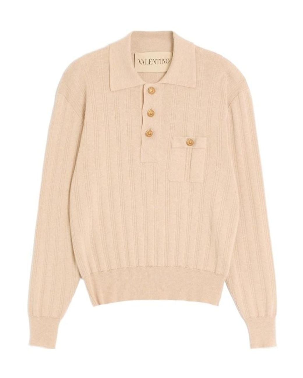 Valentino Natural Button Detailed Long-Sleeved Ribbed Polo Shirt for men