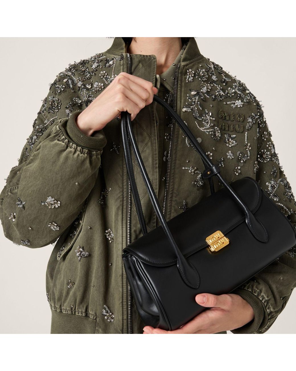 Miu Miu Floral-Embroidered Zipped Bomber Jacket in Green | Lyst