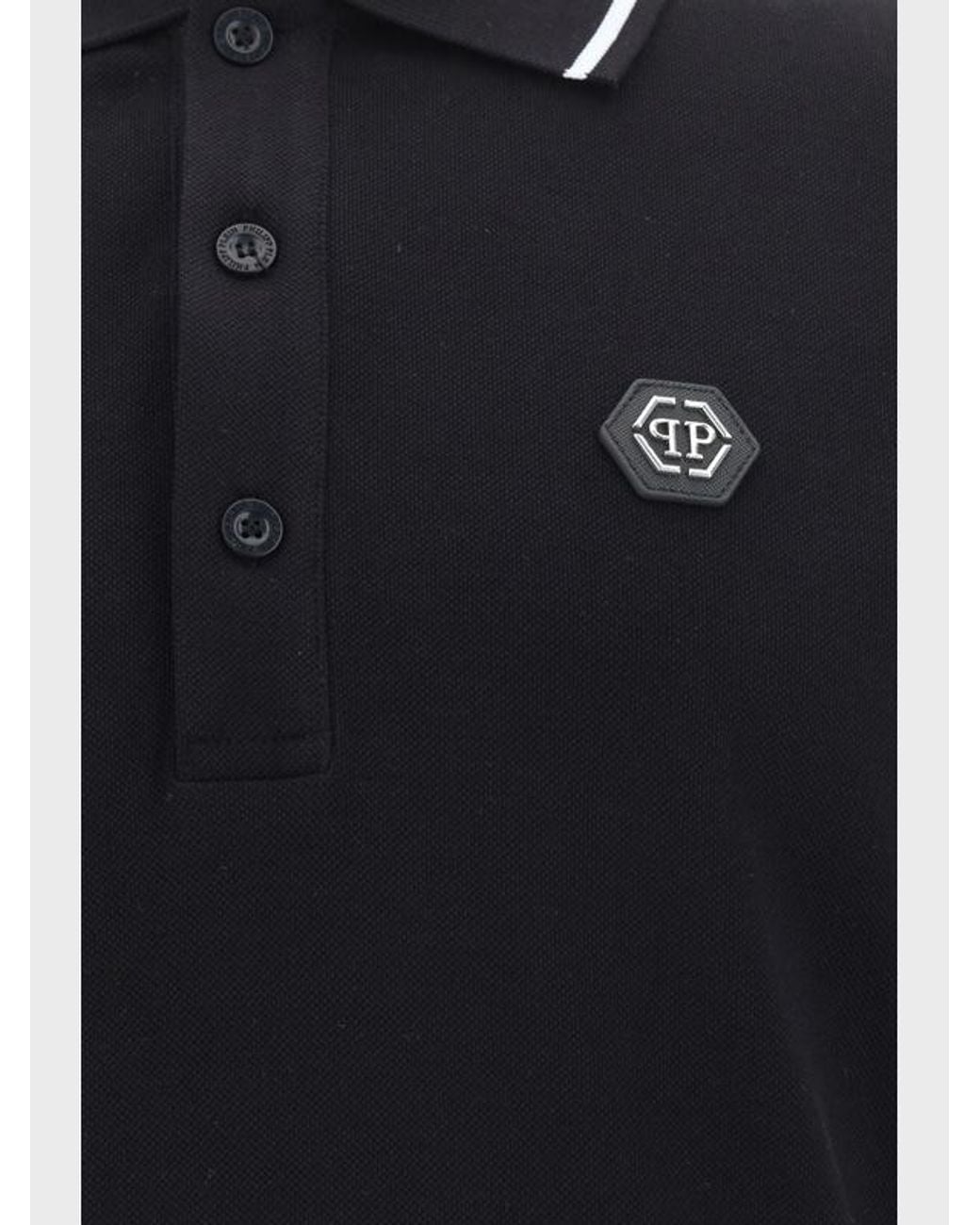 Philipp Plein Black Logo Patch Straight Hem Polo Shirt for men