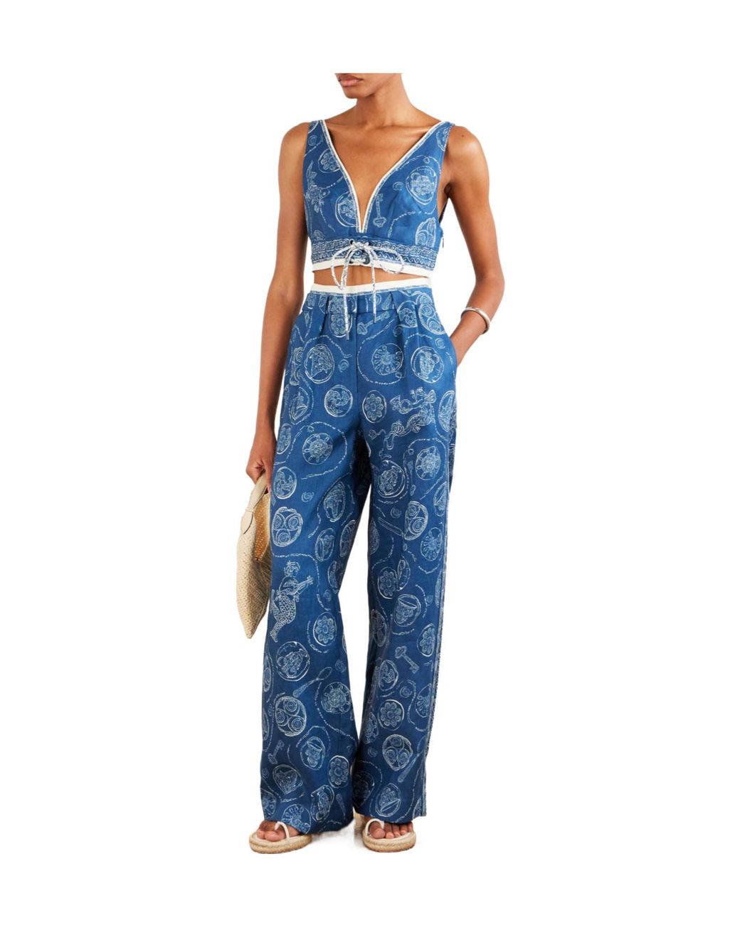 ALÉMAIS Blue Lucky Pleated Printed Linen Wide-Leg Pants