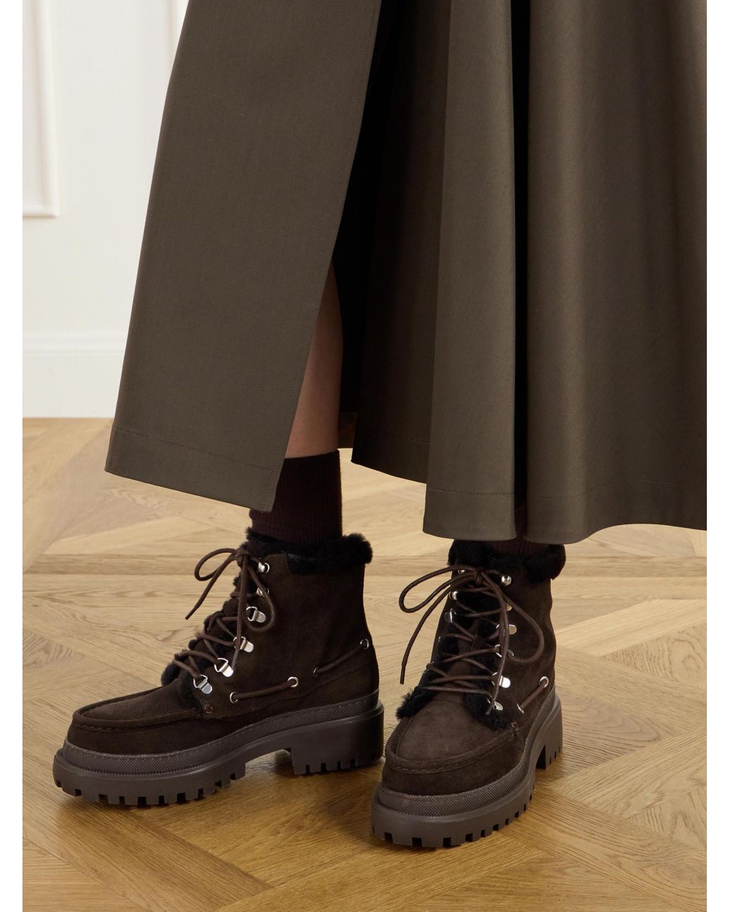 Yves Salomon Brown Eyelet-Detailed Brushed Shearling-Trimmed Suede Ankle Boots