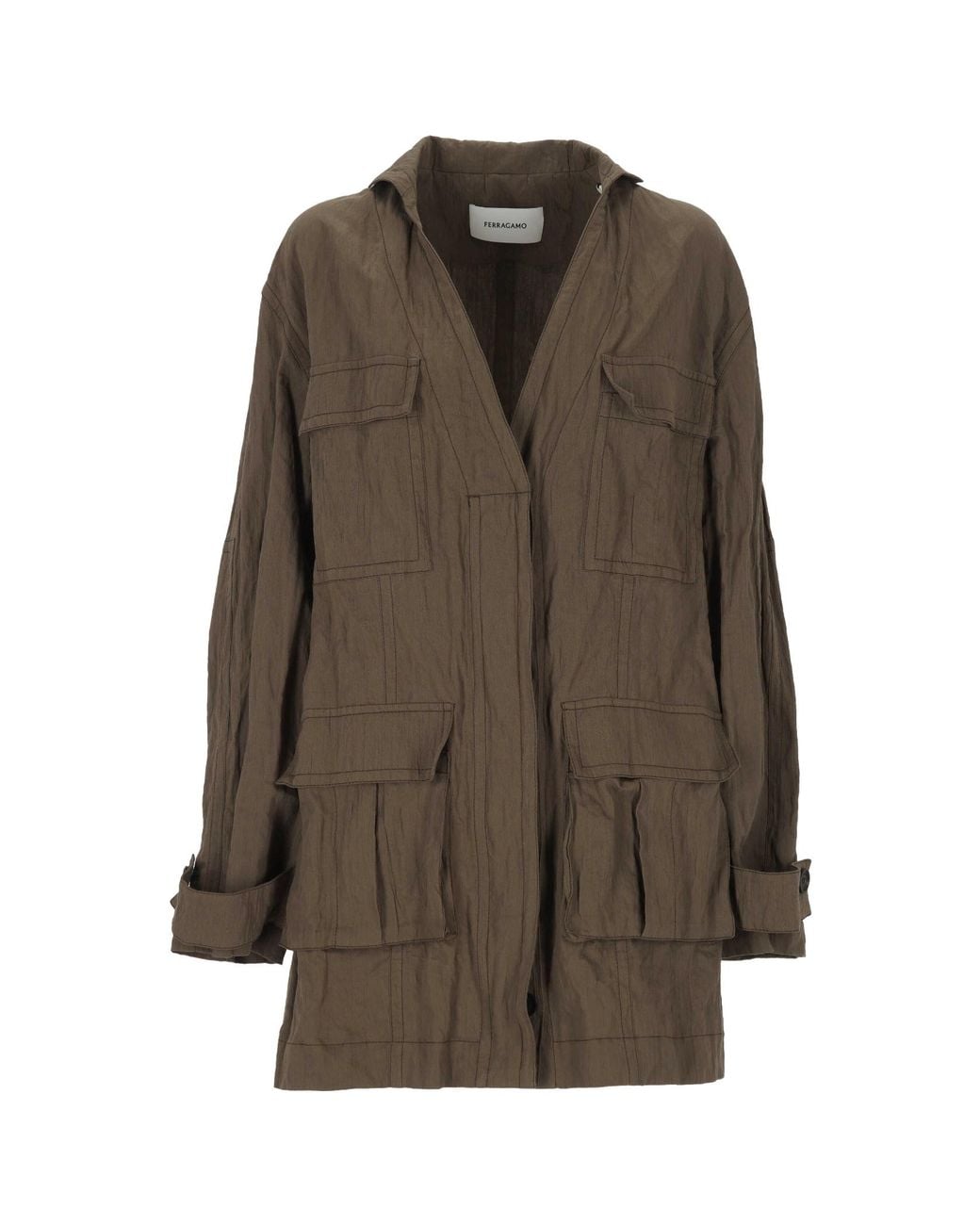 Ferragamo Brown Ferragamo Pocket Detailed Belted Coat