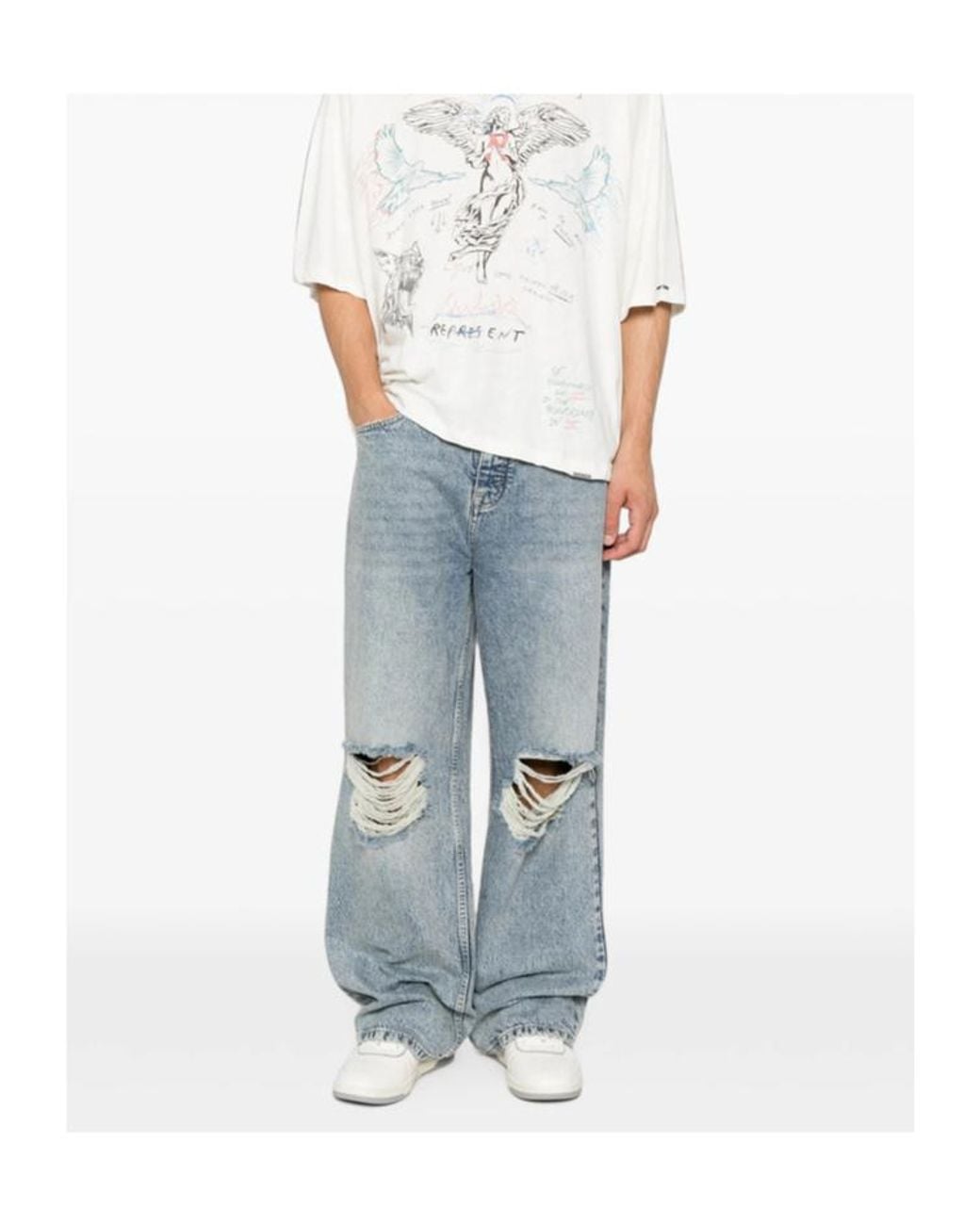Represent Blue Vintage Distressed Wide-Leg Jeans for men