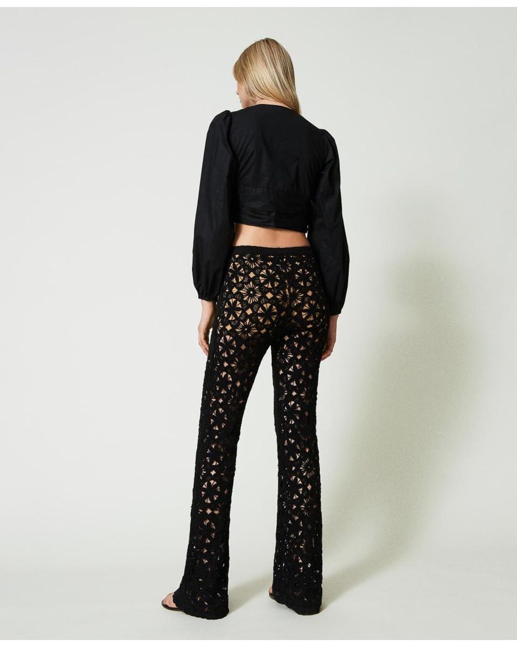 Twinset Black Floral-Crochet Flared Trousers
