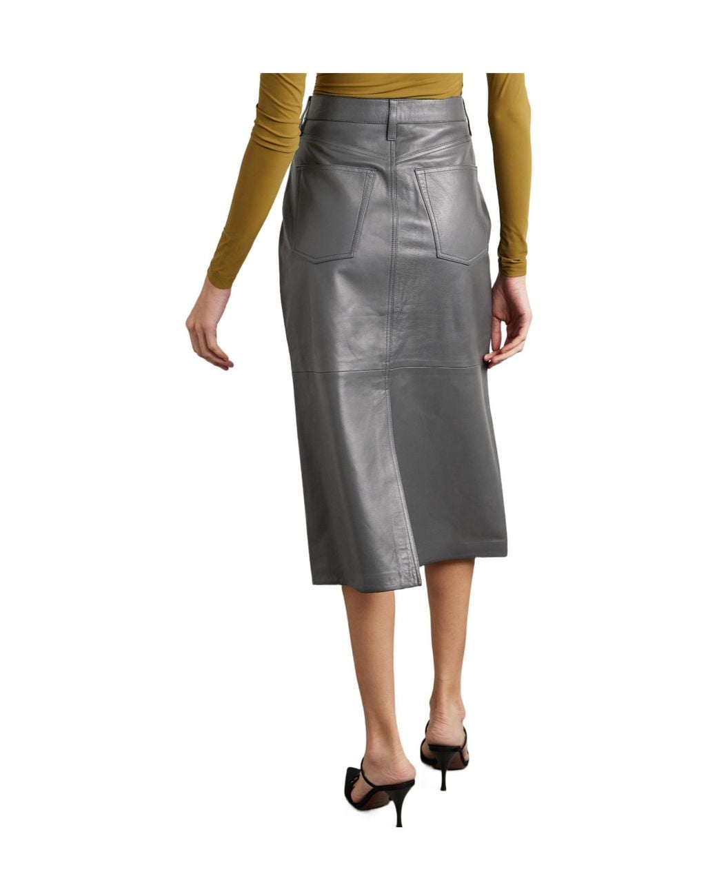 Goldsign Gray Leather Midi Skirt