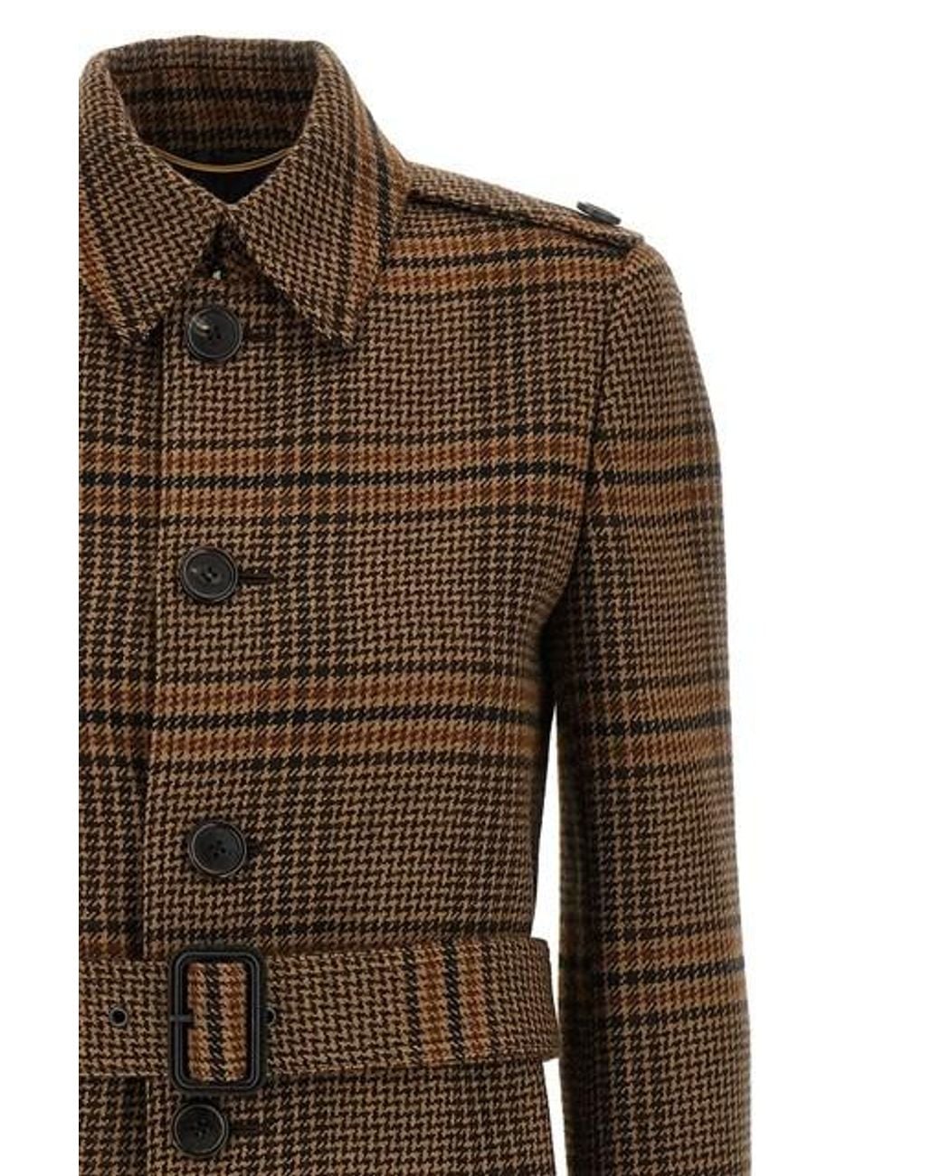 Saint Laurent Natural Prince Of Wales Belted Long Coat