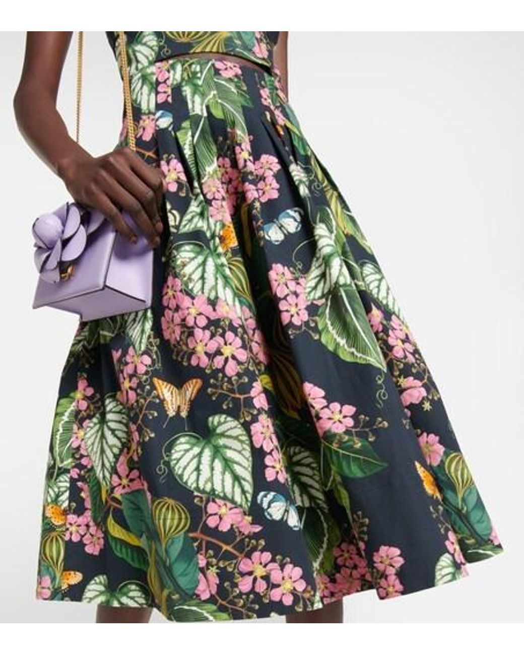 Oscar de la Renta Green Printed Cotton-Blend Poplin Midi Dress