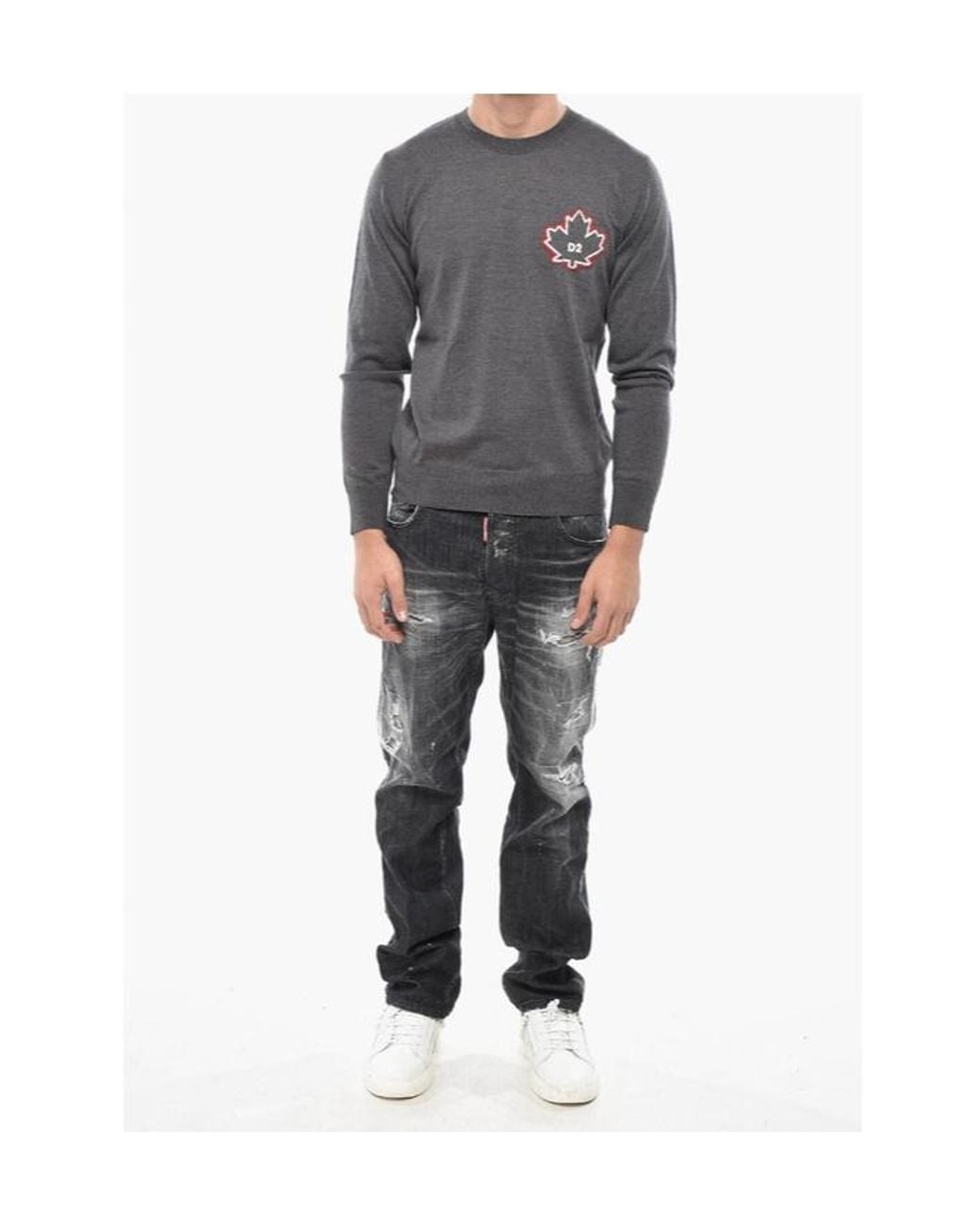 DSquared² Gray Logo-Patch Wool Sweater for men