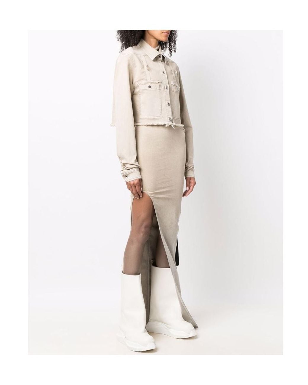 Rick Owens White Frayed Edge Cropped Shirt Jacket