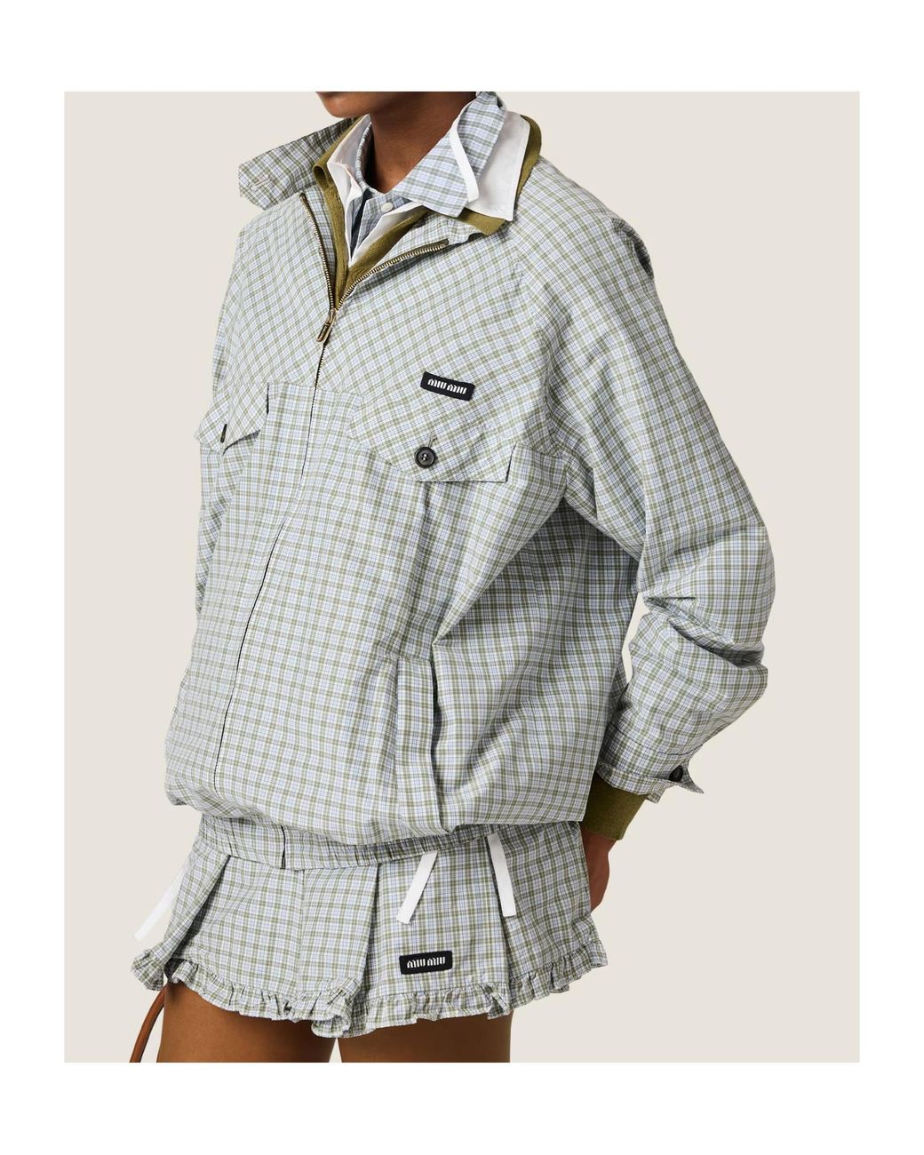 Miu Miu Gray Checked Technical Fabric Blouson Jacket