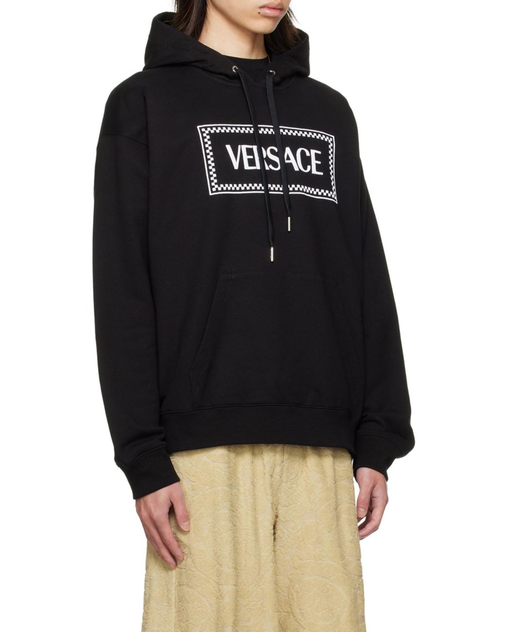 Versace Black Embroidered-90S Vintage Logo Drawstring Hoodie for men