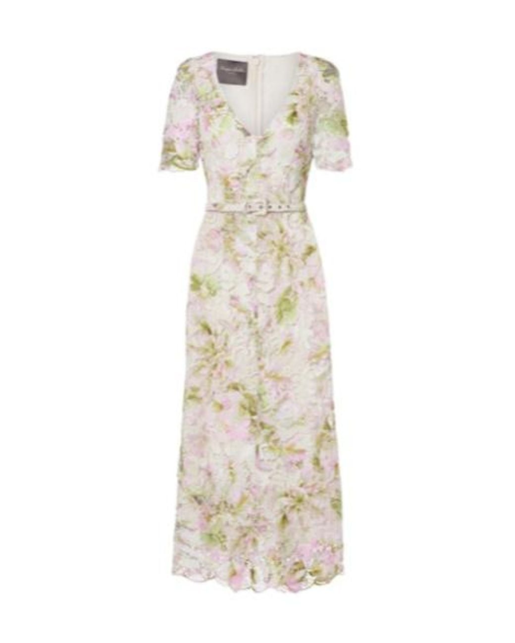 Monique Lhuillier White Belted Lace Midi Dress