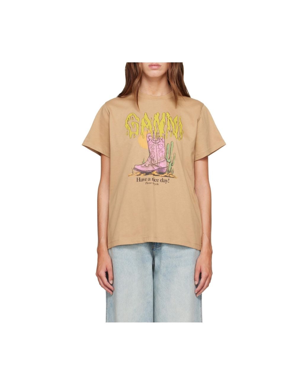 Ganni Natural Graphic Printed Crewneck T-Shirt