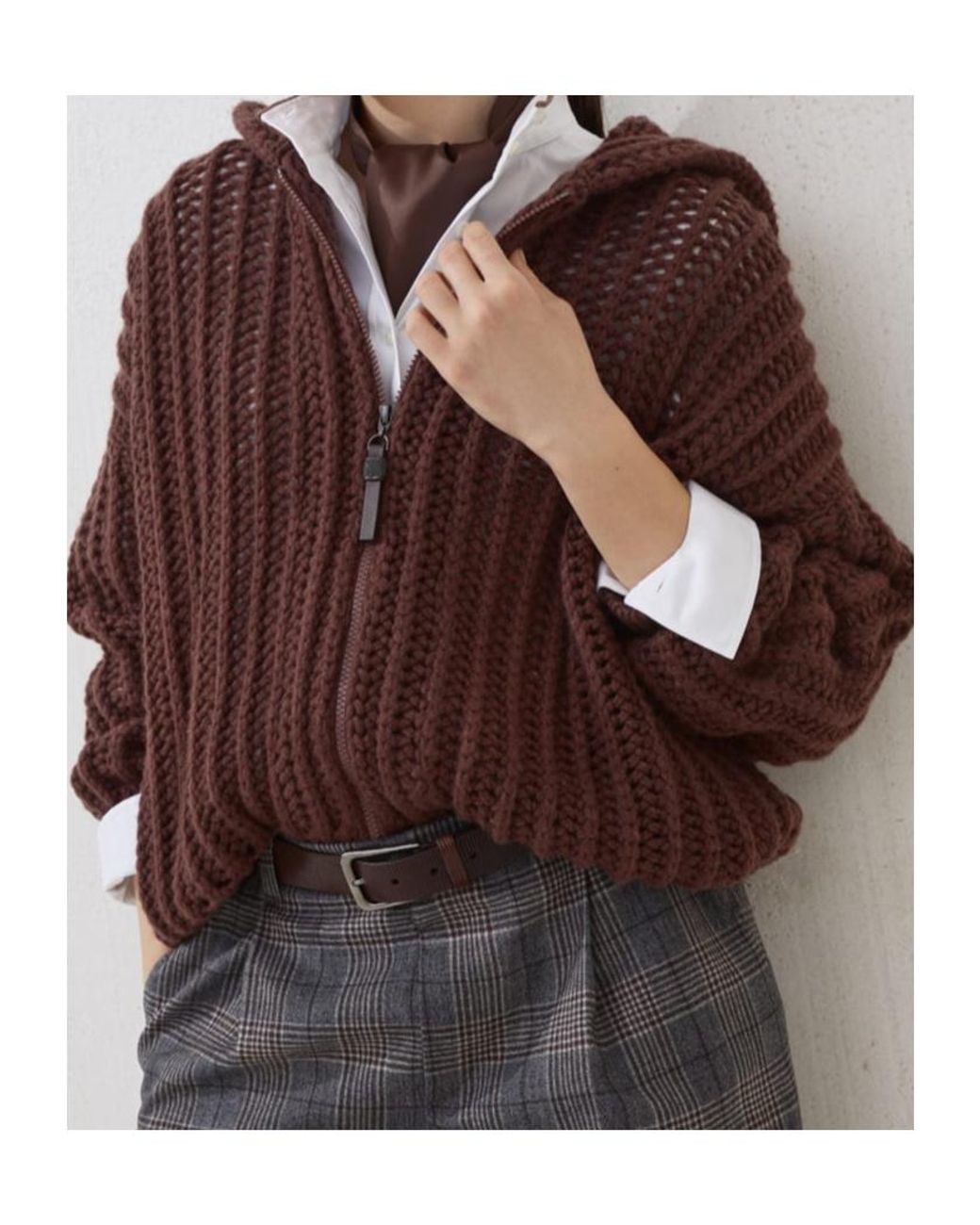Brunello Cucinelli Brown Openwork Rib Hooded Cardigan