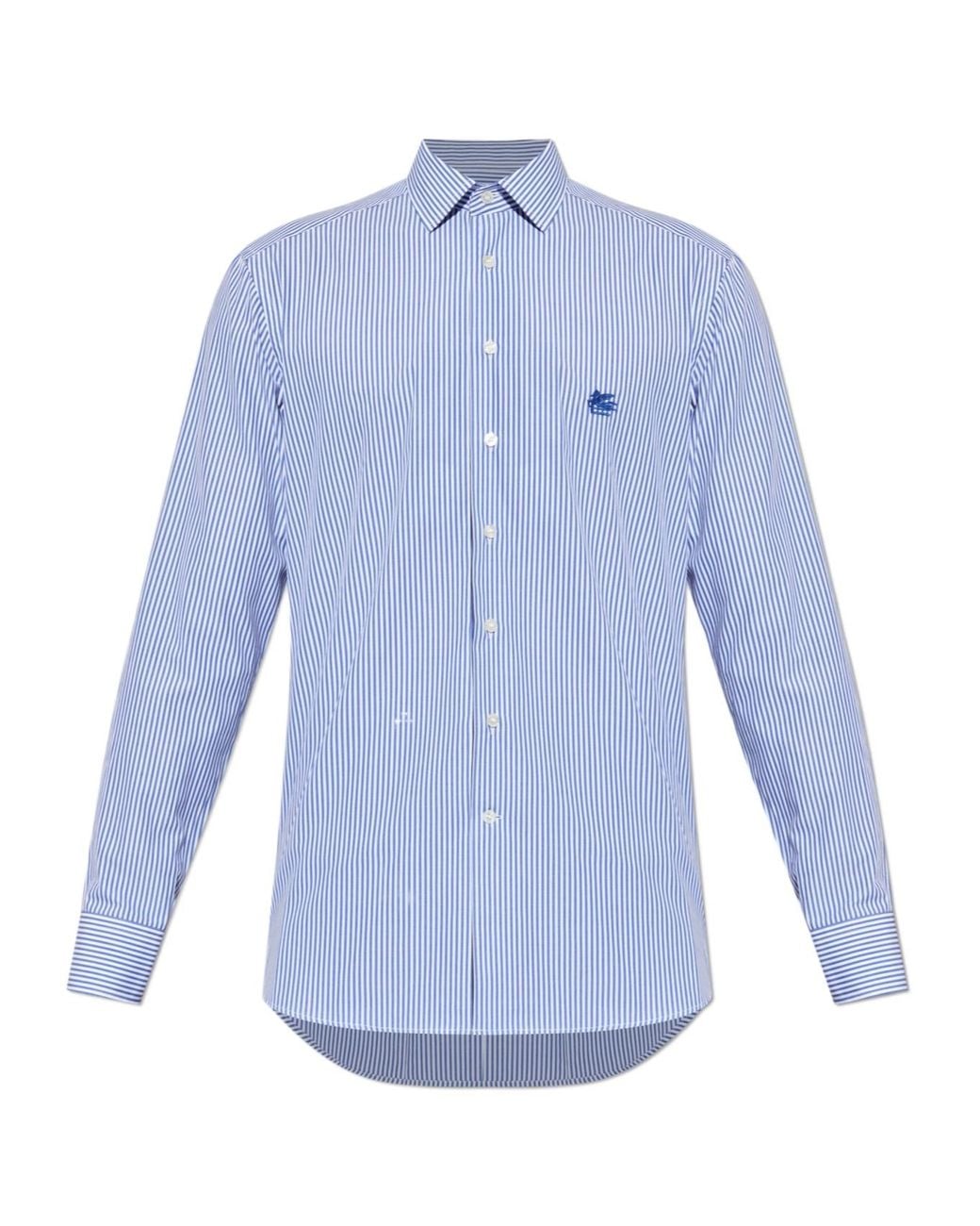 Etro Blue Pegaso Embroidered Pinstriped Long-Sleeved Shirt for men