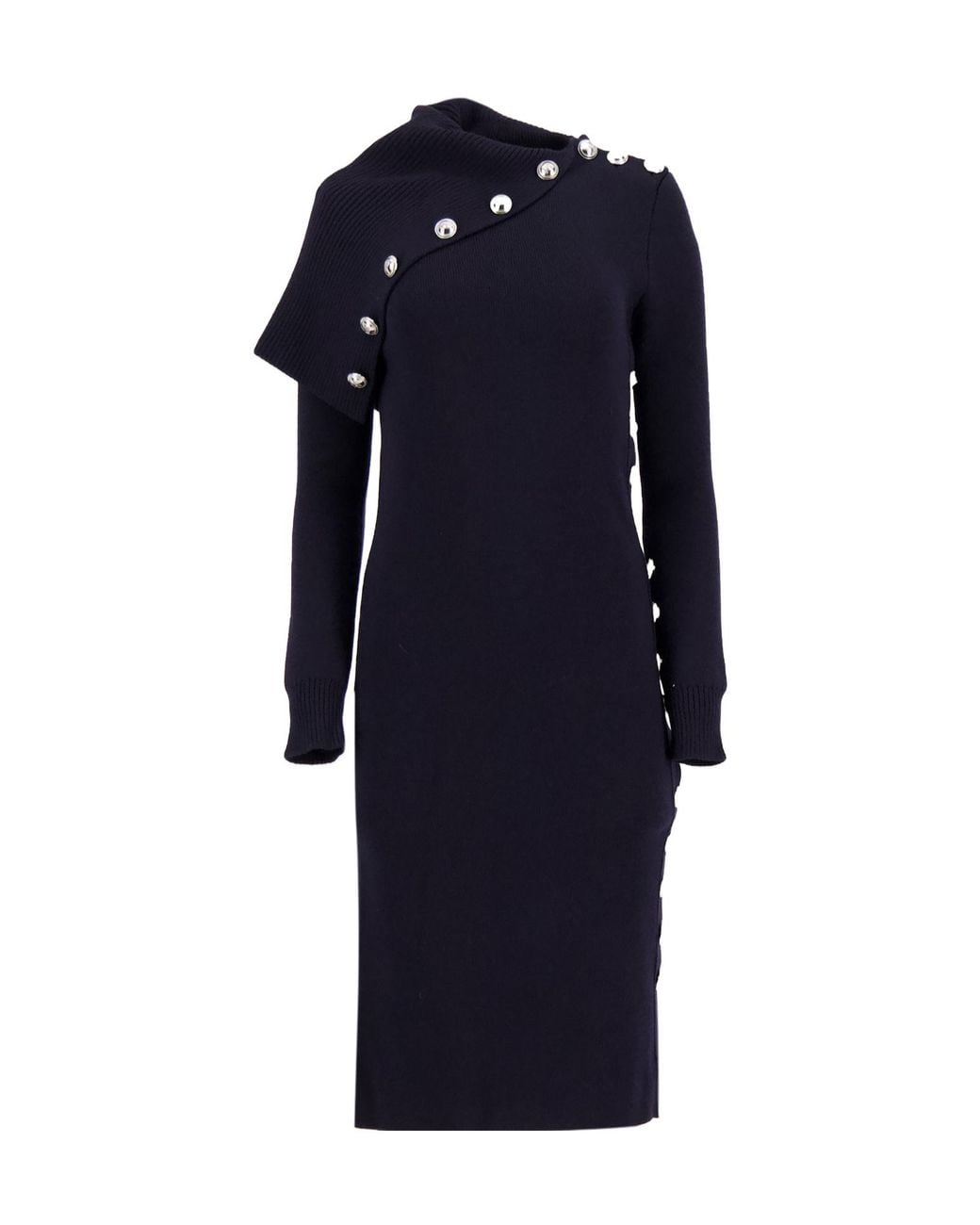Rabanne Blue Button-Embellished Cowl-Neck Dress