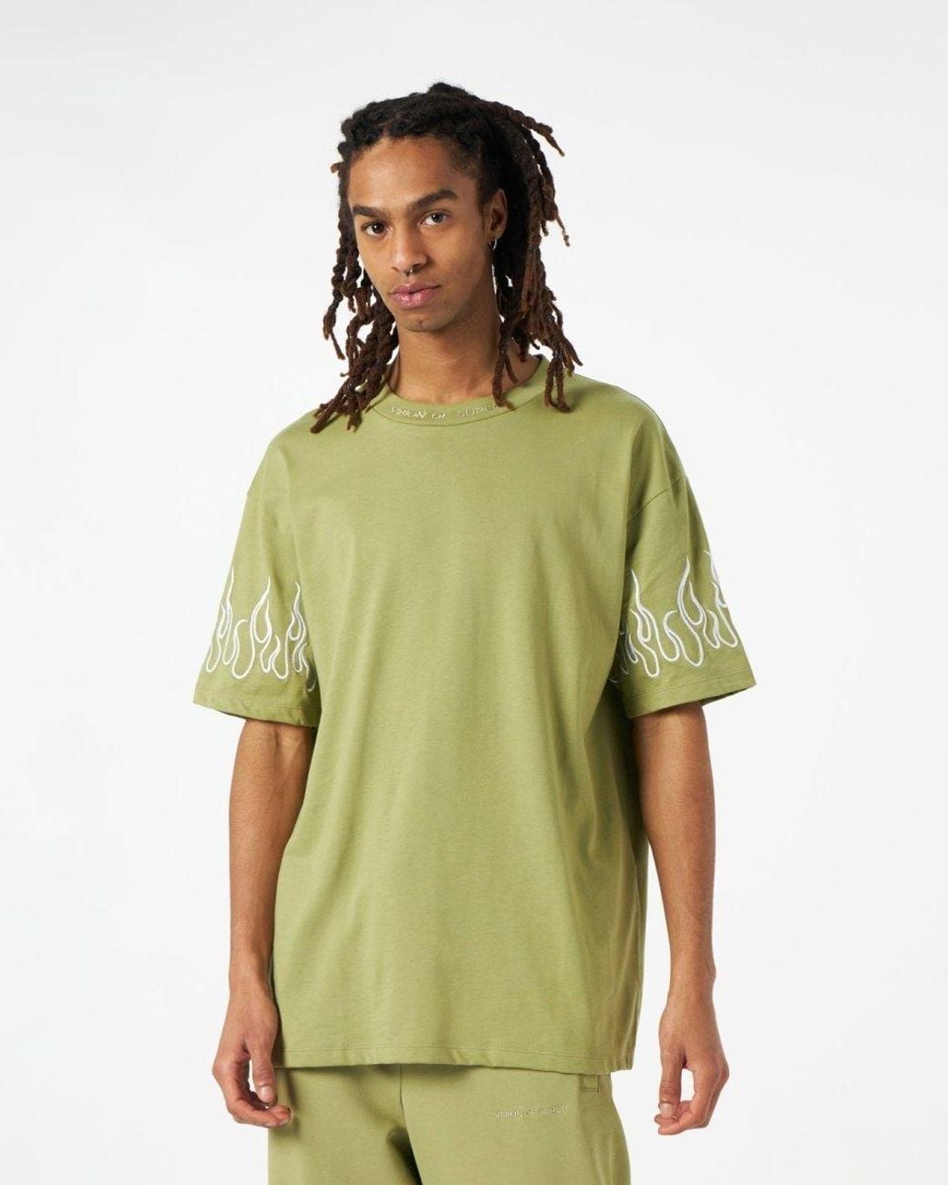 Vision Of Super Green Flame-Embroidered Cotton T-Shirt for men