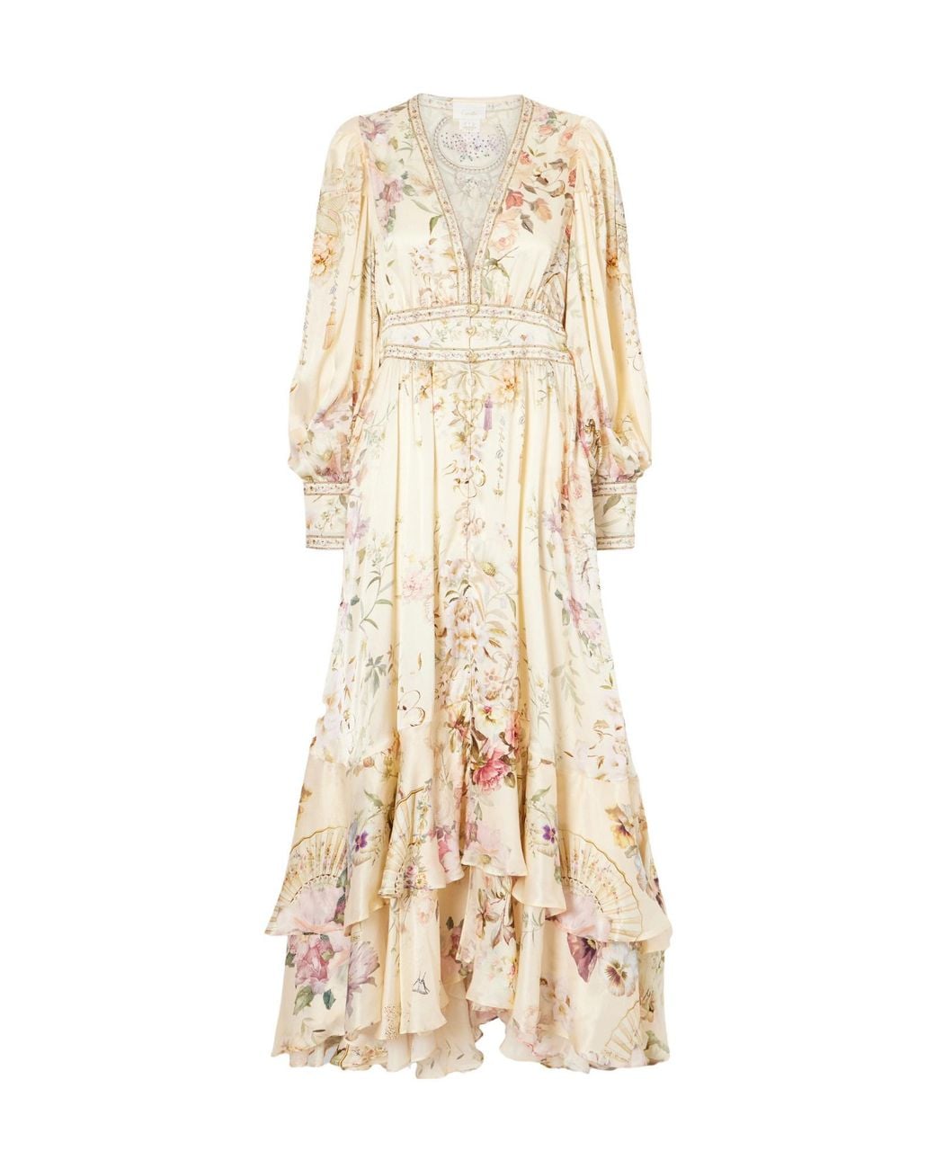 Camilla Natural Crystal-Embellished Tiered Floral-Print Silk-Chiffon Midi Dress