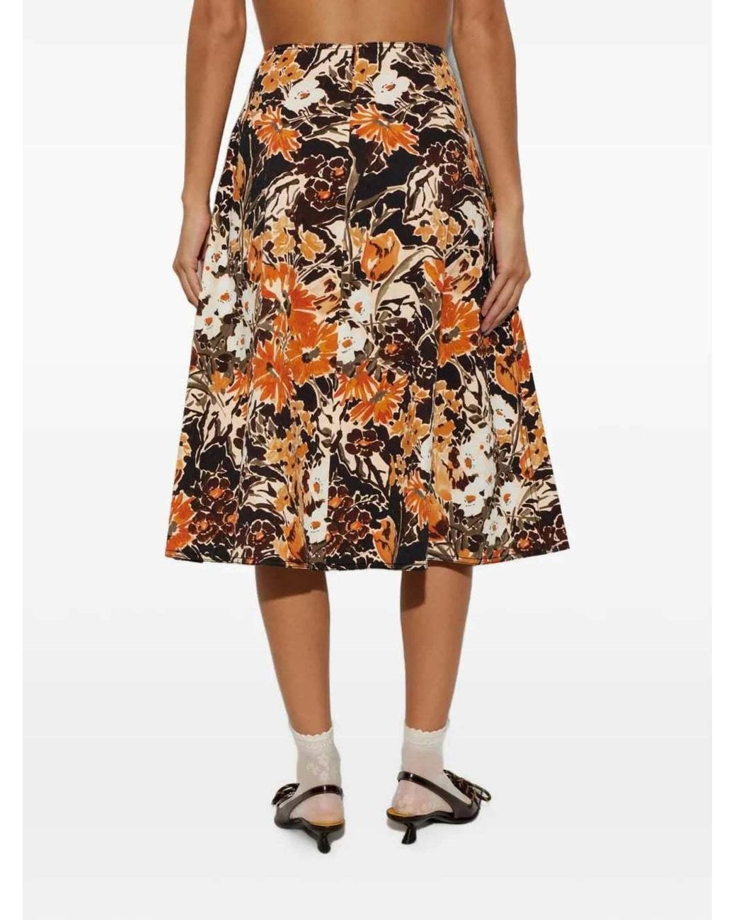 Marni Orange Floral Print Midi Skirt