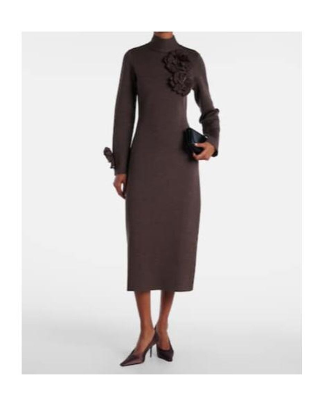 Oscar de la Renta Brown Floral-Appliqué Wool-Blend Midi Dress