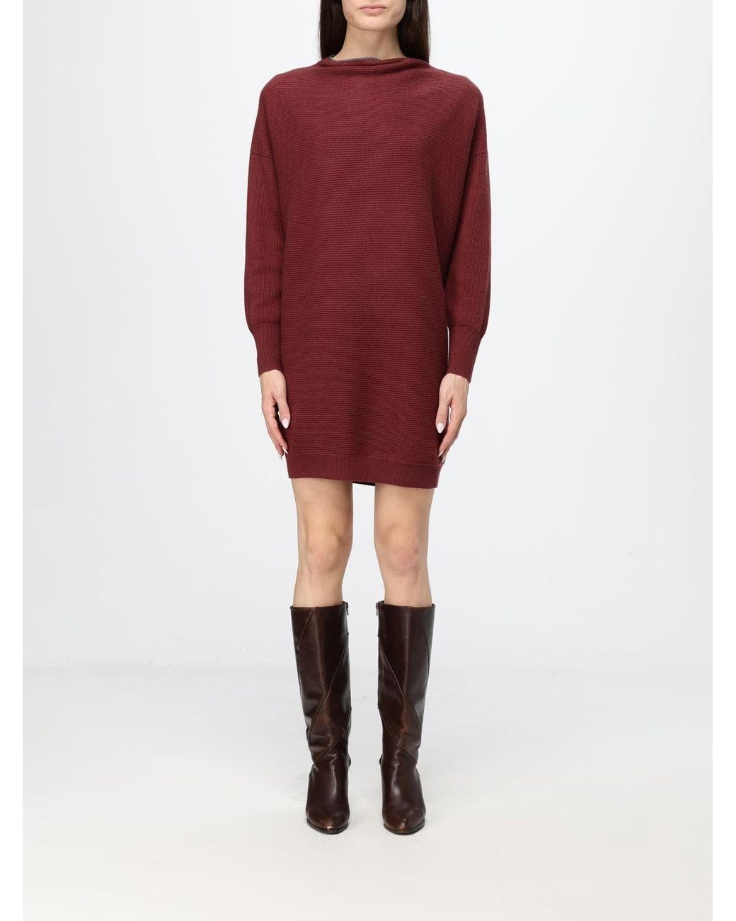 Brunello Cucinelli Red Ribbed-Knit Keyhole-Detail Dress