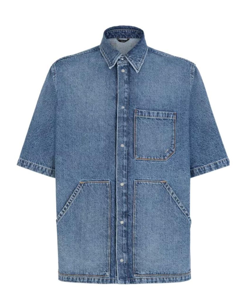 Fendi Blue Short-Sleeved Buttoned Denim Shirt for men