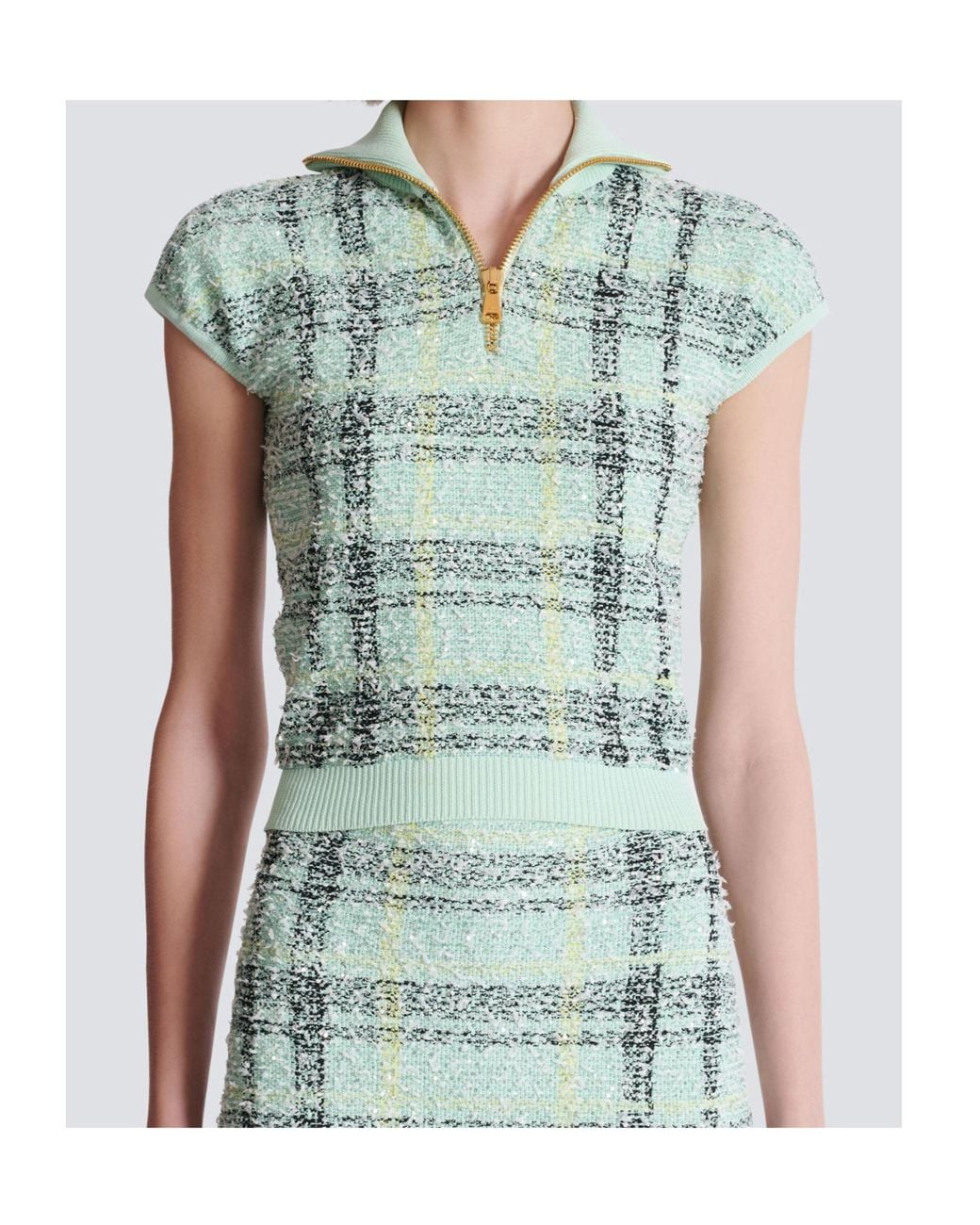 Balmain Blue Sleeveless Plaid Tweed Top